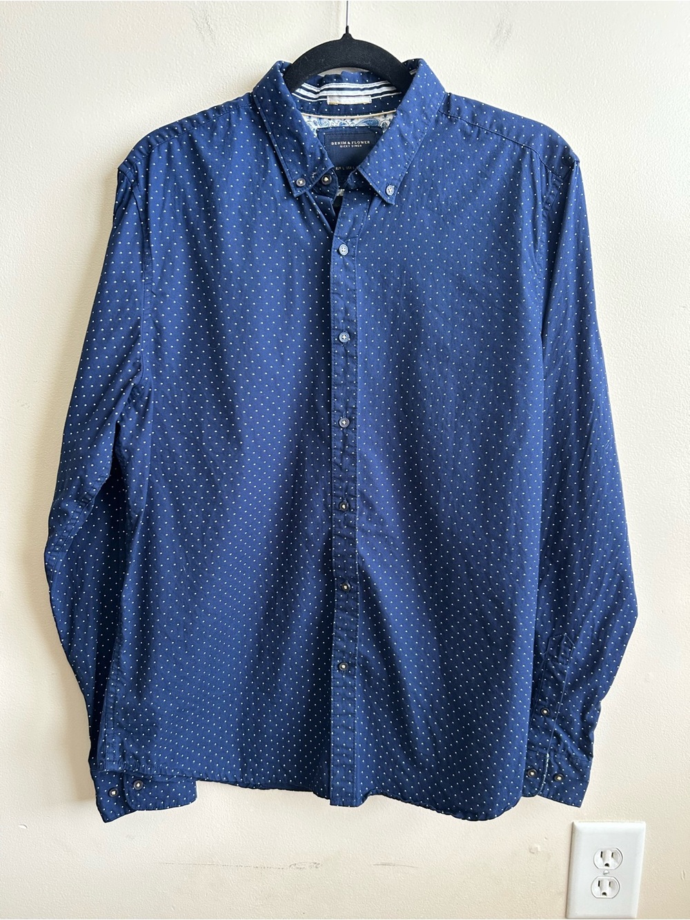 Denim And Flower Ricky Singh Men’s Navy Blue Polka Dot Long Sleeve Dress Shirt L